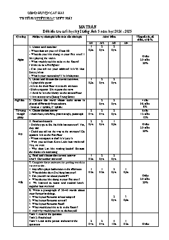Đề kiểm tra cuối học kì I môn Tiếng Anh Lớp 5 - Năm học 2024-2025 - Trường Tiểu học Việt Hải (Có đáp án + Ma trận)