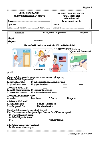 Đề kiểm tra cuối học kì I môn Tiếng Anh Lớp 5 - Năm học 2024-2025 - Trường TH&THCS Văn Phong