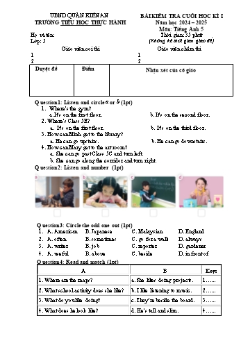 Đề kiểm tra cuối học kì I môn Tiếng Anh Lớp 5 - Năm học 2024-2025 - Trường Tiểu học Thực Hành (Có đáp án)