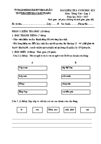 Đề kiểm tra cuối học kì I môn Tiếng Việt Lớp 1 - Năm học 2024-2025 - Trường Tiểu học Bát Tràng (Có đáp án)