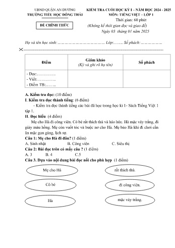 Đề kiểm tra cuối học kì I môn Tiếng Việt Lớp 1 - Năm học 2024-2025 - Trường Tiểu học Đồng Thái