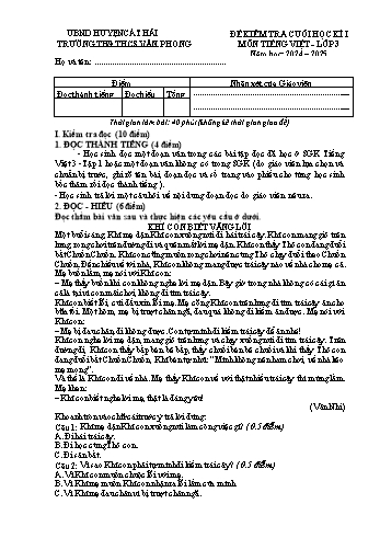 Đề kiểm tra cuối học kì I môn Tiếng Việt Lớp 3 - Năm học 2024-2025 - Trường TH&THCS Văn Phong (Có đáp án + Ma trận)