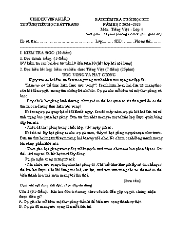 Đề kiểm tra cuối học kì I môn Tiếng Việt Lớp 4 - Năm học 2024-2025 - Trường Tiểu học Bát Tràng (Có đáp án)
