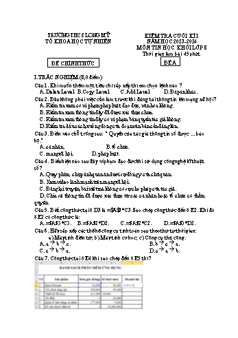 Đề kiểm tra cuối học kì I môn Tin học 8 - Năm học 2023-2024 - Trường THCS Long Mỹ