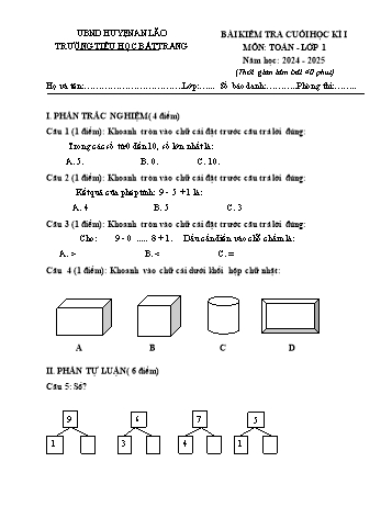 Đề kiểm tra cuối học kì I môn Toán Lớp 1 - Năm học 2024-2025 - Trường Tiểu học Bát Tràng (Có đáp án)