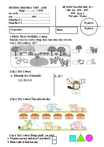 Đề kiểm tra cuối học kì I môn Toán Lớp 1 - Năm học 2024-2025 - Trường TH&THCS Việt-Anh (Có đáp án + Ma trận)