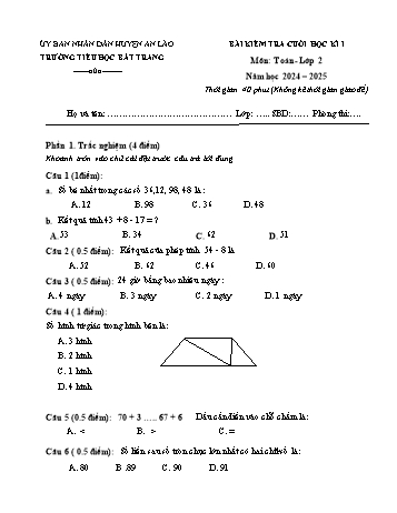 Đề kiểm tra cuối học kì I môn Toán Lớp 2 - Năm học 2024-2025 - Trường Tiểu học Bát Tràng (Có đáp án)