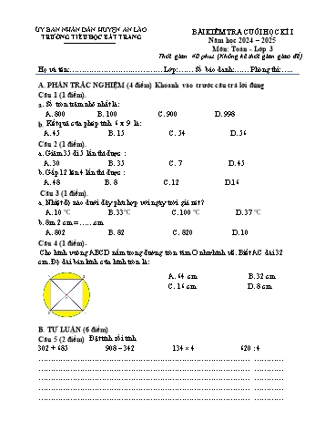 Đề kiểm tra cuối học kì I môn Toán Lớp 3 - Năm học 2024-2025 - Trường Tiểu học Bát Tràng (Có đáp án)