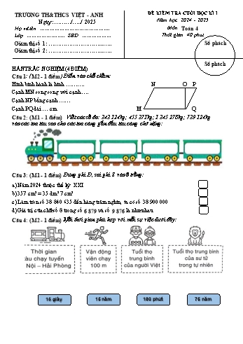 Đề kiểm tra cuối học kì I môn Toán Lớp 4 - Năm học 2024-2025 - Trường TH&THCS Việt-Anh (Có đáp án + Ma trận)