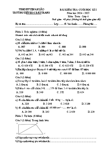 Đề kiểm tra cuối học kì I môn Toán Lớp 4 - Năm học 2024-2025 - Trường Tiểu học Bát Tràng (Có đáp án)