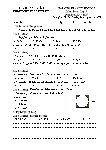 Đề kiểm tra cuối học kì I môn Toán Lớp 5 - Năm học 2024-2025 - Trường Tiểu học Bát Tràng (Có đáp án)
