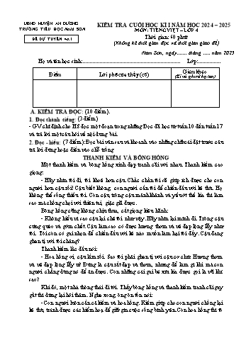 Đề kiểm tra cuối học kì I năm học 2024-2025 môn Tiếng Việt Lớp 4 - Mã 4A1 - Trường Tiểu học Nam Sơn (Có đáp án + Ma trận)