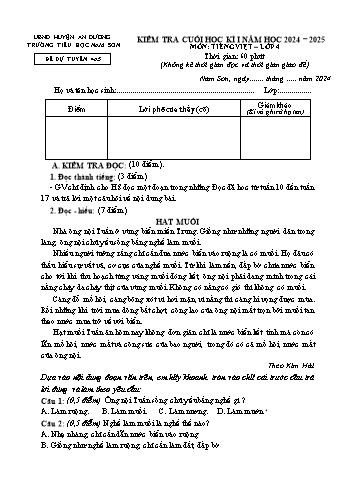Đề kiểm tra cuối học kì I năm học 2024-2025 môn Tiếng Việt Lớp 4 - Mã 4A5 - Trường Tiểu học Nam Sơn (Có đáp án + Ma trận)