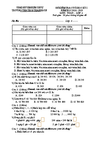 Đề kiểm tra cuối học kỳ I các môn Lớp 4 - Năm học 2024-2025 - UBND Kiến Thụy (Có đáp án + Ma trận)