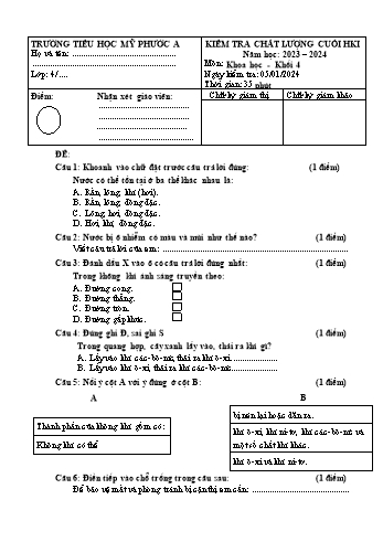Đề kiểm tra cuối học kỳ I Khoa học Khối 4 - Năm học 2023-2024 - Trường Tiểu học Mỹ Phước A (Có đáp án + Ma trận)