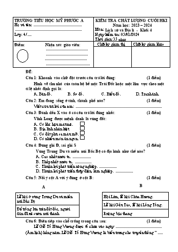 Đề kiểm tra cuối học kỳ I Lịch sử & Địa lí Khối 4 - Năm học 2023-2024 - Trường Tiểu học Mỹ Phước A (Có đáp án + Ma trận)