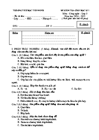 Đề kiểm tra cuối học kỳ I môn Công nghệ Lớp 3 - Năm học 2024-2025 - Trường Tiểu học Tiên Minh (Có đáp án)
