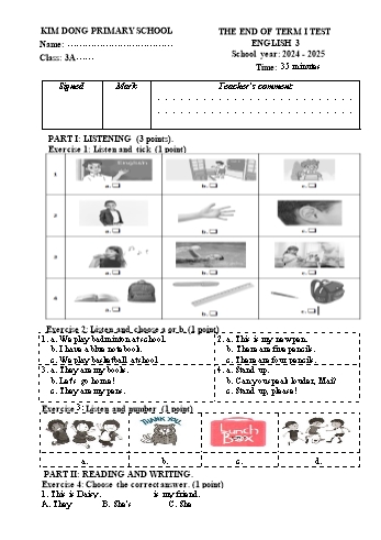 Đề kiểm tra cuối học kỳ I môn Tiếng Anh Khối 3 - Năm học 2024-2025 - Trường Tiểu học Kim Đồng (Có đáp án)