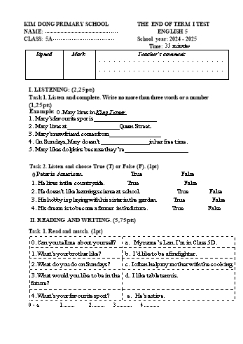 Đề kiểm tra cuối học kỳ I môn Tiếng Anh Khối 5 - Năm học 2024-2025 - Trường Tiểu học Kim Đồng (Có đáp án)