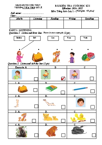 Đề kiểm tra cuối học kỳ I môn Tiếng Anh Lớp 1 - Năm học 2024-2025 - Trường TH&THCS Du Lễ (Có đáp án)