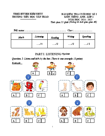Đề kiểm tra cuối học kỳ I môn Tiếng Anh Lớp 1 - Năm học 2024-2025 - Trường Tiểu học Tân Trào (Có đáp án + File nghe)