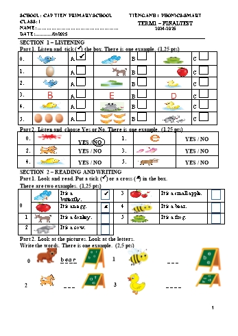 Đề kiểm tra cuối học kỳ I môn Tiếng Anh Lớp 1 (Phonics-Smart) - Năm học 2024-2025 - Trường Tiểu học Cấp Tiến (Có đáp án + Ma trận)