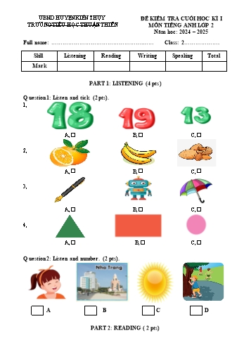 Đề kiểm tra cuối học kỳ I môn Tiếng Anh Lớp 2 - Năm học 2024-2025 - Trường Tiểu học Thuận Thiên (Có đáp án + Ma trận)