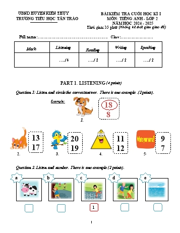 Đề kiểm tra cuối học kỳ I môn Tiếng Anh Lớp 2 - Năm học 2024-2025 - Trường Tiểu học Tân Trào (Có đáp án + File nghe)