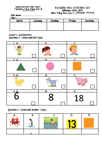 Đề kiểm tra cuối học kỳ I môn Tiếng Anh Lớp 2 - Năm học 2024-2025 - Trường TH&THCS Du Lễ (Có đáp án)