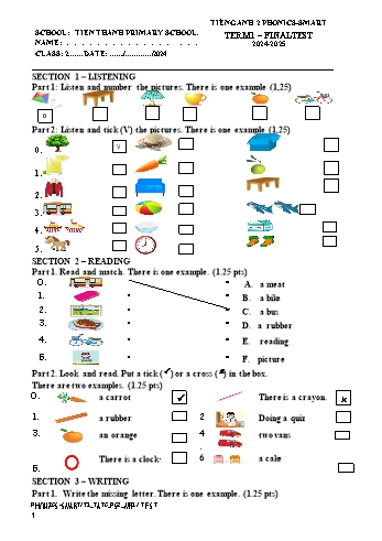 Đề kiểm tra cuối học kỳ I môn Tiếng Anh Lớp 2 (Phonics-Smart) - Năm học 2024-2025 - Trường Tiểu học Tiên Thanh (Có đáp án + Ma trận)