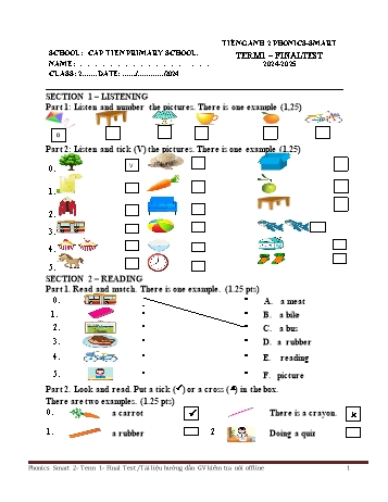 Đề kiểm tra cuối học kỳ I môn Tiếng Anh Lớp 2 (Phonics-Smart) - Năm học 2024-2025 - Trường Tiểu học Cấp Tiến (Có đáp án + Ma trận)