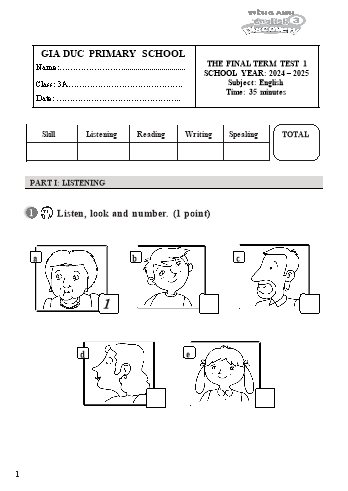 Đề kiểm tra cuối học kỳ I môn Tiếng Anh Lớp 3 (Discovery) - Năm học 2024-2025 - Trường Tiểu học Gia Đức