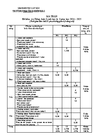 Đề kiểm tra cuối học kỳ I môn Tiếng Anh Lớp 3 - Năm học 2024-2025 - Trường TH&THCS Hiền Hào (Có đáp án + Ma trận)
