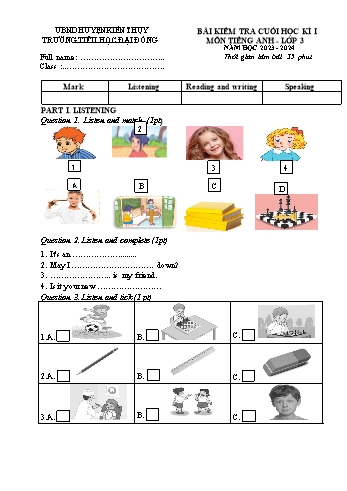 Đề kiểm tra cuối học kỳ I môn Tiếng Anh Lớp 3 - Năm học 2024-2025 - Trường Tiểu học Đại Đồng (Có đáp án)