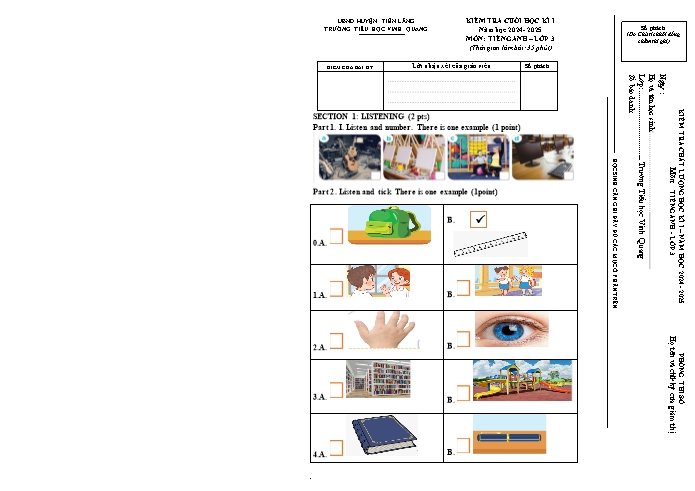 Đề kiểm tra cuối học kỳ I môn Tiếng Anh Lớp 3 - Năm học 2024-2025 - Trường Tiểu học Vinh Quang (Có đáp án + Ma trận)