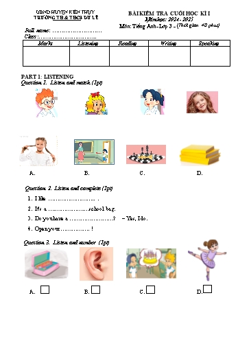 Đề kiểm tra cuối học kỳ I môn Tiếng Anh Lớp 3 - Năm học 2024-2025 - Trường TH&THCS Du Lễ (Có đáp án)