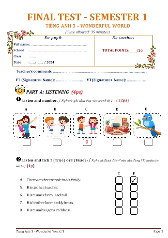 Đề kiểm tra cuối học kỳ I môn Tiếng Anh Lớp 3 (Wonderful World) - Năm học 2024-2025 - Trường Tiểu học Cấp Tiến (Có đáp án + Ma trận)
