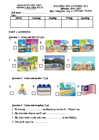 Đề kiểm tra cuối học kỳ I môn Tiếng Anh Lớp 4 - Năm học 2024-2025 - Trường TH&THCS Du Lễ (Có đáp án)