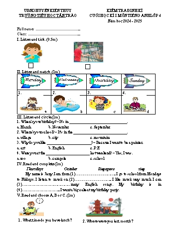 Đề kiểm tra cuối học kỳ I môn Tiếng Anh Lớp 4 - Năm học 2024-2025 - Trường Tiểu học Tân Trào (Có đáp án + File nghe)