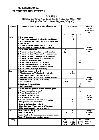 Đề kiểm tra cuối học kỳ I môn Tiếng Anh Lớp 4 - Năm học 2024-2025 - Trường TH&THCS Hiền Hào (Có đáp án + Ma trận)