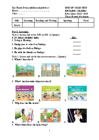 Đề kiểm tra cuối học kỳ I môn Tiếng Anh Lớp 4 - Năm học 2024-2025 - Trường TH&THCS Tân Thành