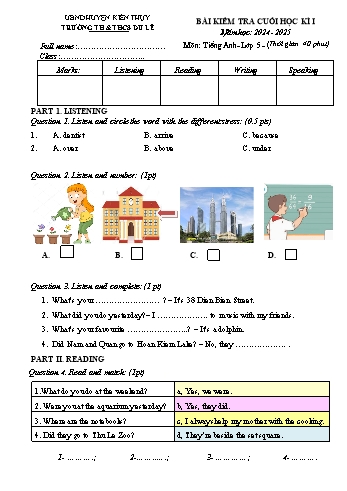 Đề kiểm tra cuối học kỳ I môn Tiếng Anh Lớp 5 - Năm học 2024-2025 - Trường TH&THCS Du Lễ (Có đáp án)