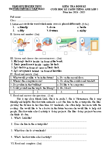 Đề kiểm tra cuối học kỳ I môn Tiếng Anh Lớp 5 - Năm học 2024-2025 - Trường Tiểu học Tân Trào (Có đáp án + File nghe)