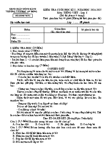 Đề kiểm tra cuối học kỳ I môn Tiếng Việt 4 - Năm học 2024-2025 - Trường Tiểu học An Hồng (Có đáp án + Ma trận)