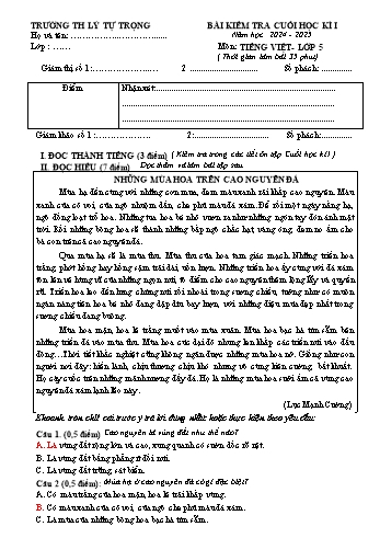 Đề kiểm tra cuối học kỳ I môn Tiếng Việt 5 - Năm học 2024-2025 - Trường Tiểu học Lý Tự Trọng (Có đáp án)