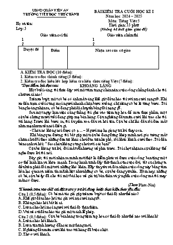 Đề kiểm tra cuối học kỳ I môn Tiếng Việt 5 - Năm học 2024-2025 - Trường Tiểu học Thực Hành (Có đáp án)