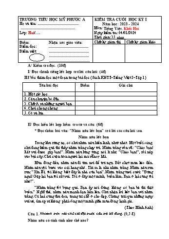Đề kiểm tra cuối học kỳ I môn Tiếng Việt Khối 2 - Năm học 2023-2024 - Trường Tiểu học Mỹ Phước A (Có đáp án + Ma trận)