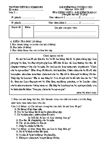 Đề kiểm tra cuối học kỳ I môn Tiếng Việt Khối 2 - Năm học 2024-2025 - Trường Tiểu học Kim Đồng (Có đáp án)