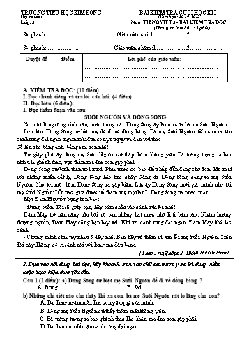 Đề kiểm tra cuối học kỳ I môn Tiếng Việt Khối 3 - Năm học 2024-2025 - Trường Tiểu học Kim Đồng (Có đáp án)