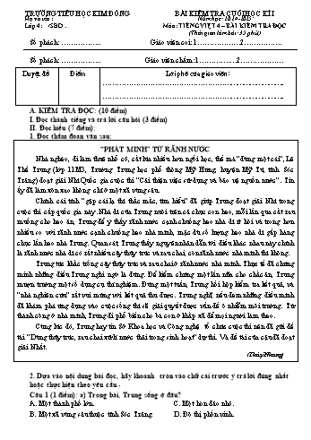 Đề kiểm tra cuối học kỳ I môn Tiếng Việt Khối 4 - Năm học 2024-2025 - Trường Tiểu học Kim Đồng (Có đáp án)